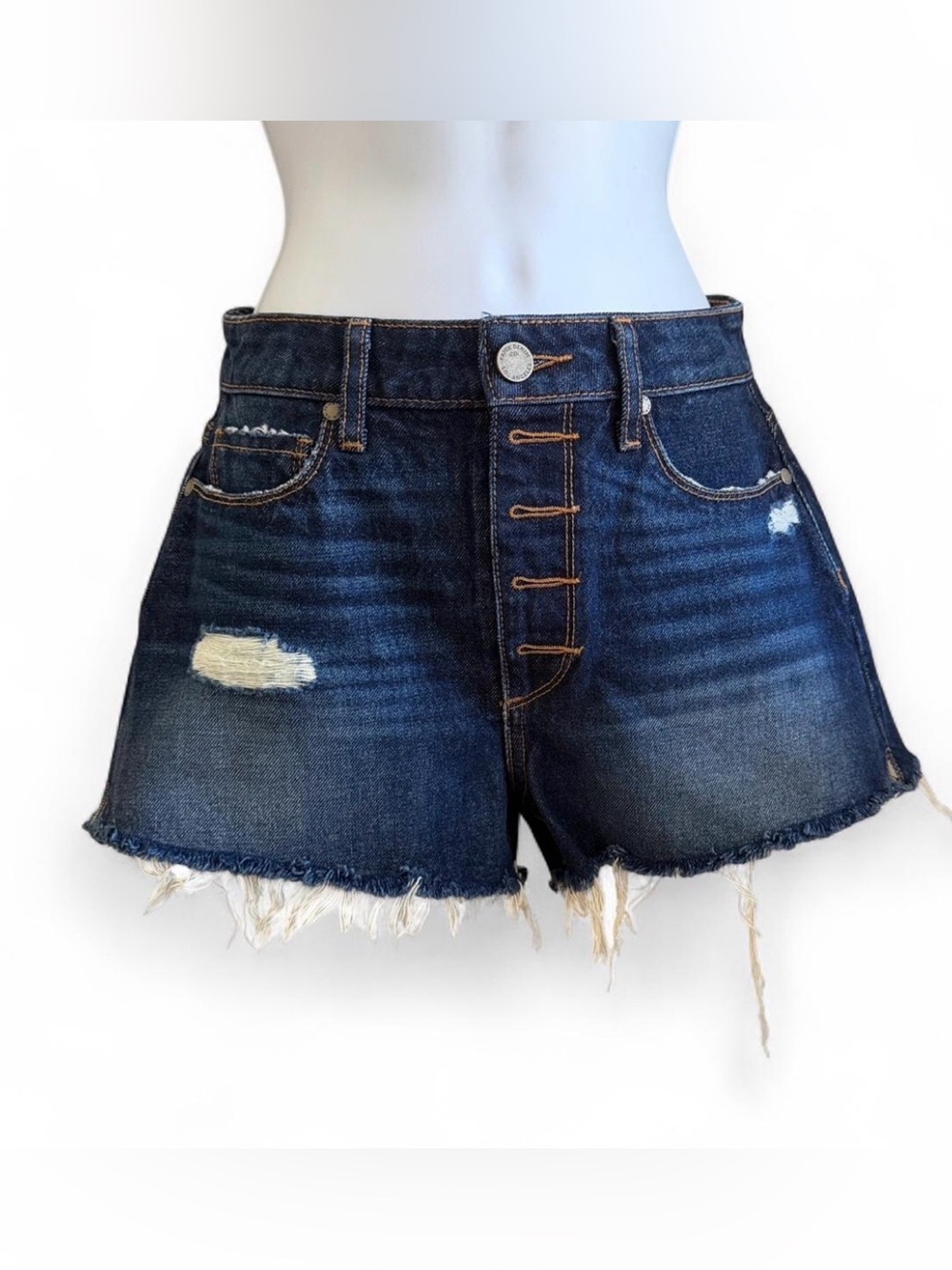 PAIGE Dark Blue Distressed Denim Cutoff Shorts